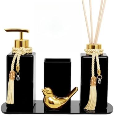 Imagem de Kit Lavabo Luxo Preto Com Bandeja De Vidro Vaso Quadrado E Passarinho Decorativo(Dourada)