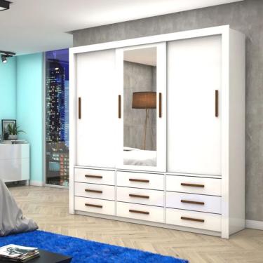 Imagem de Armareo Roupeiro Anjos 3 Portas Com Espelho Central 9 Gavetas Carioca Moveis Branco