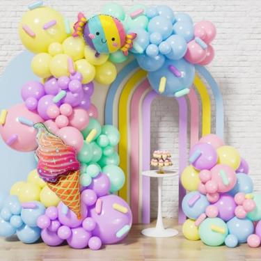 Imagem de Adeyoo Kit de guirlanda de arco de balão pastel - Balão de sorvete, arco de arco-íris pastel, balões de folha de sorvete de doces para decorações de festa de chá de bebê, pano de fundo de foto