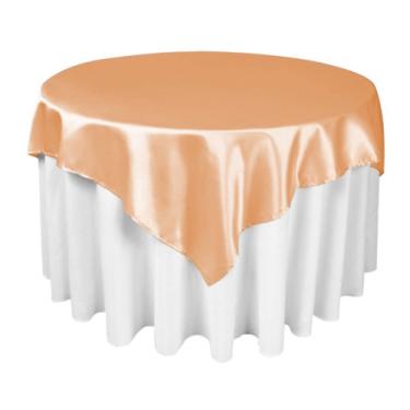 Imagem de Toalha de mesa de linho com sobreposição quadrada de cetim de 152 cm pêssego