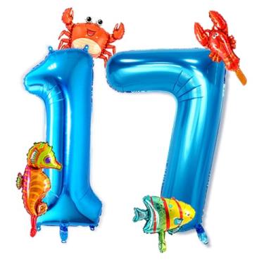 Imagem de Wuhetyo Balão azul número 17 de 101 cm, balão de alumínio animal oceânico, 5 mini balões de animais marinhos fofos sob os peixes para meninos e meninas do 17º aniversário decoração de festa de