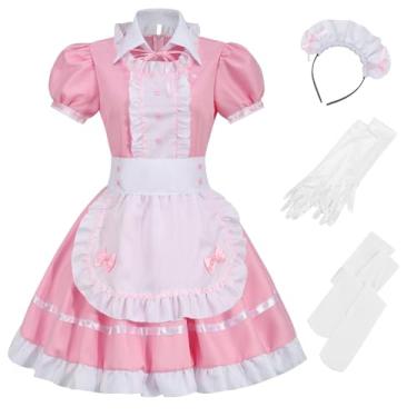 Imagem de AGCOAH Fantasia feminina de cosplay de anime para mulheres, avental, vestido extravagante, conjunto de 6 peças, vestido de Halloween, rosa, PP