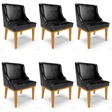 Imagem de Kit 6 Cadeiras Estofadas Base Fixa De Madeira Castanho Lia Sintético Premium Preto - Ibiza