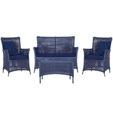 Imagem de Jogo Sofá 2 Poltronas e Mesa Igapó Preta E10 Trama Original Azul