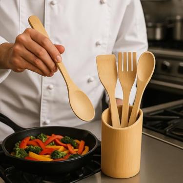 Imagem de Kit Bambu 5 Peças Colher Espátula Natural Sustentável Madeira Cozinhar Sem Riscar Talheres