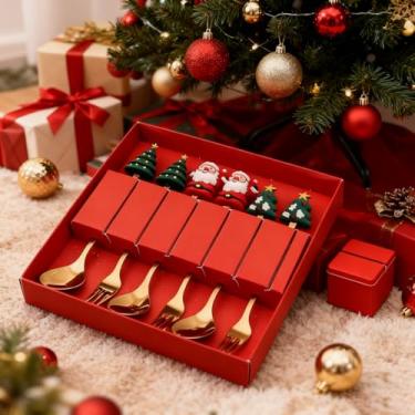 Imagem de Conjunto de 6 peças de garfo e colher de sobremesa de Natal, utensílios de mesa temáticos para festas, jantares e decorações sazonais