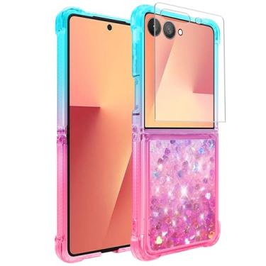 Imagem de Guzhthi Capa para Z-Flip-7: Capa de telefone de canto à prova de choque de areia movediça com glitter transparente para Samsung Galaxy Z Flip 7 com protetor de tela de vidro temperado - TealPink