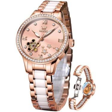 Imagem de OLEVS Relógios femininos automáticos luxuosos, relógio feminino, pulseira de cerâmica, ouro rosa, corda automática, relógio de pulso feminino, relógio rosa dourado, relógio feminino
