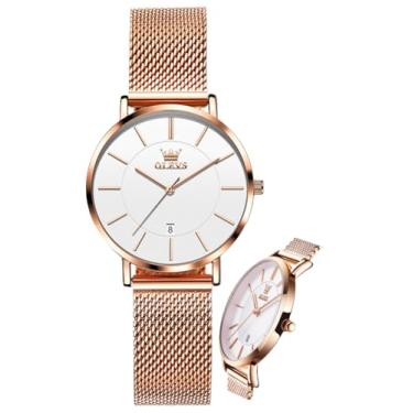 Imagem de OLEVS Relógios femininos para mulheres, relógio de pulso feminino, pulseira de couro, impermeável, fino, minimalista, casual, vestido simples, quartzo analógico com calendário de data, relógio ouro