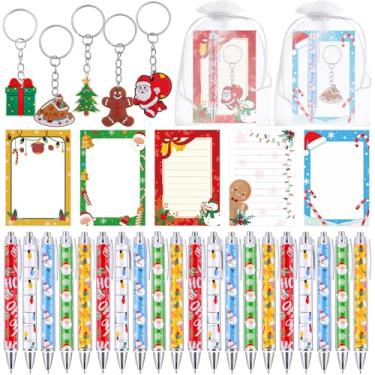 Imagem de Ctosree Conjunto de 120 peças de notas e canetas adesivas de Natal, lembrancinhas de festa de Natal, blocos de notas e canetas esferográficas com chaveiro e sacos de organza, artigos de papelaria