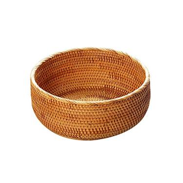 Imagem de Cesta de frutas redonda de vime de vime, suporte de armazenamento de tecelagem, tigela de sala de jantar (grande, 26 cm) cesta de piquenique