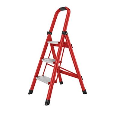 Imagem de Escadas dobráveis vermelhas com 3 degraus Escada dobrável com apoio de braço de esponja e pedal antiderrapante comporta escadas de metal de até 150 kg para adultos escada resistente (cor: branco
