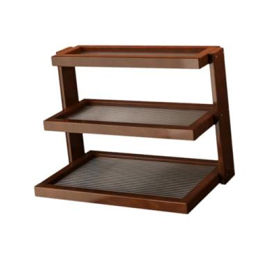 Imagem de Baoblaze Organizador de mesa com prateleira, expositor decorativo de design vintage em madeira, ideal para guardar perfumes e estatuetas.