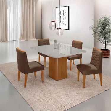 Imagem de Mesa De Jantar Eloise Canto Copo 4 Cadeiras Moderna Mobília Veludo Marrom/off White/