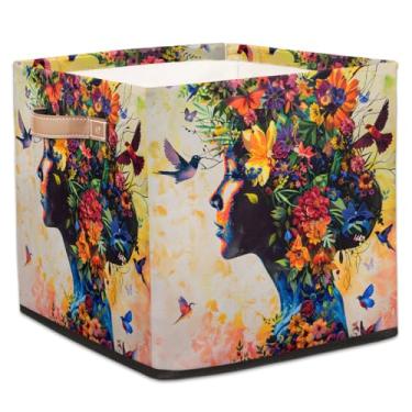 Imagem de hongjinglin Cestas dobráveis para armazenamento de cubos, mulheres, flores, pássaros, caixas dobráveis coloridas, brinquedo com alças, organizador de tecido, cesto organizador para berçário, sala de
