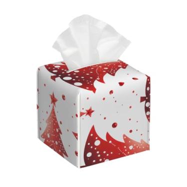 Imagem de Suporte quadrado de couro para caixa de lenços de papel, impermeável, árvore de Natal, vermelho, organizador de papel facial com cinto inferior, estojo de lenços para mesa, banheiro, escritório, mesa