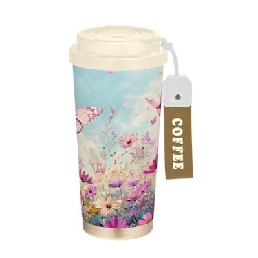 Imagem de SEHANY Caneca de viagem borboleta e flores de 482 ml Copos de café reutilizáveis revestidos de cerâmica com tampa à prova de vazamento, parede dupla, isolamento a vácuo, copo de café de aço inoxidável