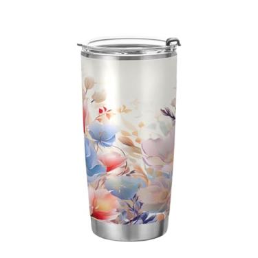 Imagem de xigua Copo de flores silvestres de jardim aquarela com tampa de palha, caneca de viagem a vácuo de parede dupla, caneca de café bem isolada, copo de aço inoxidável para bebidas quentes e frias, 600 ml