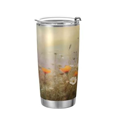 Imagem de xigua Copo de flores silvestres de jardim aquarela com tampa de palha, caneca de viagem a vácuo de parede dupla, caneca de café bem isolada, copo de aço inoxidável para bebidas quentes e frias, 600 ml