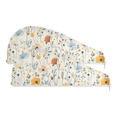 Imagem de SEHANY Toalha de cabelo de microfibra de flores coloridas elegantes para mulheres, 2 peças, turbantes de cabelo de secagem rápida com botão, touca de cabelo seco absorvente toalha de secagem de cabelo