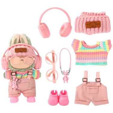 Imagem de 7un Conjunto Roupa Boneca Peluche, Adoráveis Roupas Arco-Íris Calças Auscultadores Óculos Bolsa Chapéu e Sapatos Conjunto Roupa Boneca Moda para Vestir e Exibir