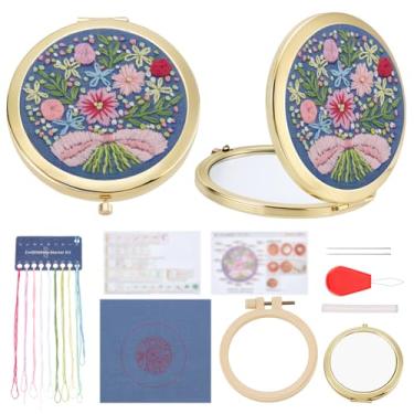 Imagem de WEBEEDY Kit de bordado de espelho de bolso para iniciantes, kit de artesanato de espelho de maquiagem compacto DIY com estampa de buquê flores ponto cruz bordado artesanato artesanato aniversário dama