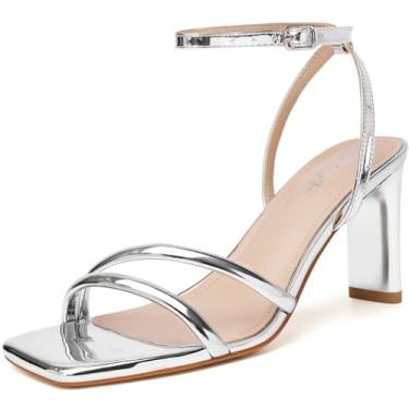 Imagem de RIBONGZ Sandálias femininas de salto alto com tiras quadradas, bico aberto, salto alto, tira no tornozelo, sandálias de salto grosso, para casamento, noiva, salto alto, sapatos de festa, Prata, 40