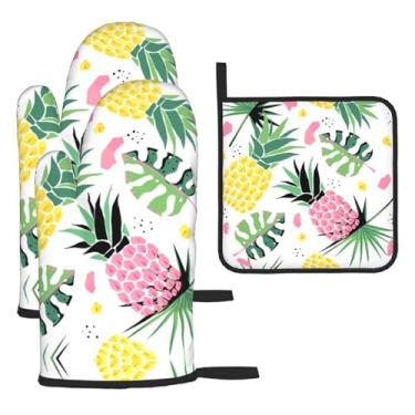 Imagem de Conjunto de cozinha essencial de 3 peças com estampa de abacaxi e contraído e de abacaxi, luvas seguras para calor, proteção para churrasco no forno, design de armazenamento suspenso.