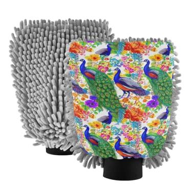 Imagem de STAYTOP Luvas coloridas de pavões para lavagem de carro, 2 peças, luvas de microfibra de chenille, sem arranhões, panos de esponja de lavagem ultra absorventes para carros, limpeza doméstica - M