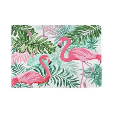 Imagem de Burbuja Jogo americano conjunto de 6 tapetes de mesa flamingos, folhas verdes, antiderrapantes, laváveis, jogos americanos resistentes ao calor para cozinha, mesa de jantar, ambientes internos e