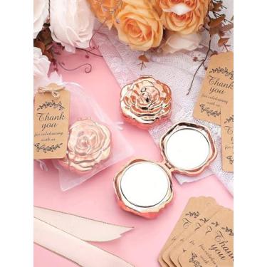 Imagem de 1 peça de presente de chá de panela pequeno espelho portátil com padrão rosa para convidados, espelho de viagem rosa com pincel, inclui etiqueta de agradecimento, corda de juta e bolsa de organza