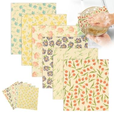 Imagem de Pacote com 6 panos de prato suecos, panos de prato de limpeza de cozinha reutilizáveis, alternativa de esponja de lavagem absorvente e de secagem rápida, panos de papel de design de flores de cores