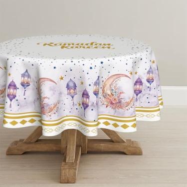 Imagem de Horaldaily Toalha de mesa Ramadã 177 × 177 cm redonda, rosa e dourada lua estrela Eid Mubarak, toalha de mesa lavável Ramadan Mubarak para decoração de festa piquenique e jantar