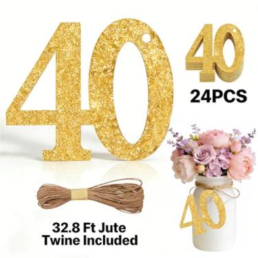 Imagem de ALISSAR 24 peças de ouro 40 etiquetas numéricas com barbante de juta de 32,8 m – decorações de aniversário de 40 anos, artigos de festa de 40 anos, peças centrais de pote de pedreiro, kit de embrulho