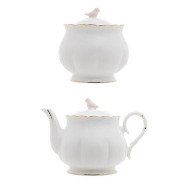 Imagem de Kit Bule Chá/Café + Açucareiro Birds de Porcelana Branco, Dourado e Rosa Wolff