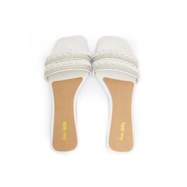 Imagem de Genérico Rasteirinha Feminina, Material Sintético, Tiras Trançadas com Strass, Estilo Casual, Solado em Borracha, Salto 1cm, Uso Diário (Branco, BR, Adulto, Numérico, 36)