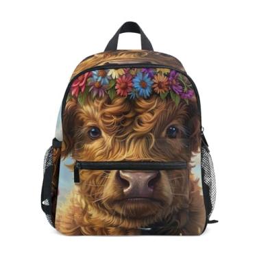 Imagem de GAIGEO Cute Highland Cow Flowers Backpacks for Kids 10x4x12 In, Toddler Boys Backpack with Water Bottle Pockets, Whistle Buckle
