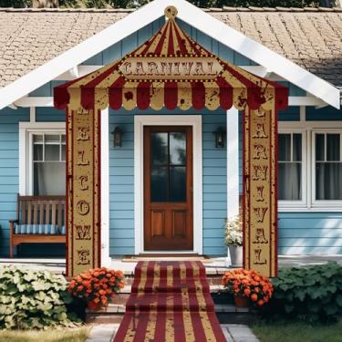 Imagem de Fanfanwin 4 peças decorações de barraca de circo de carnaval decoração de festa porta de entrada vermelho e branco faixa suspensa corredor corredor suprimentos para aniversário tema circo (assustador)