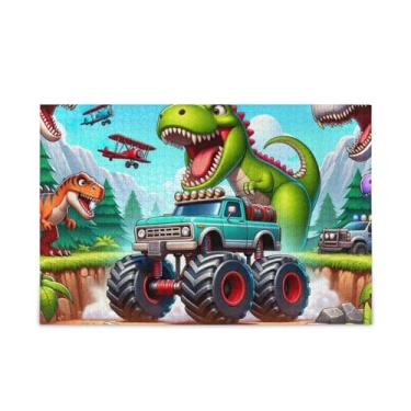 Imagem de Quebra-cabeça de caminhão e dinossauro, presente faça você mesmo, com bolsa de armazenamento de malha, quebra-cabeça engraçado para adultos e crianças, tamanho final 75 x 50 cm