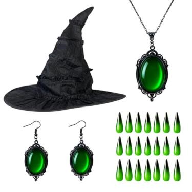 Imagem de INLOLLY Conjunto de acessórios de fantasia de bruxa verde - chapéu de bruxa, colar e brincos de esmeralda, unhas de pressão gradiente - Fantasia de bruxa para cosplay e presentes de Halloween