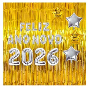 Imagem de Kit 22 Peças Balão Feliz Ano Novo 2026 Decoração Comemoração Especial+ Estrelas Cortina Metalizada(Kit 4)