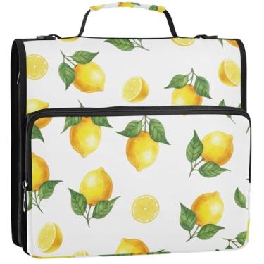 Imagem de Fichário com 3 anéis de folhas verdes e limões amarelos 3 cm D organizador de fichários escolares bolsa com alça de ombro profissional multi bolsos pasta grande para portfólio, 34,5 x 31,5 x 9 cm