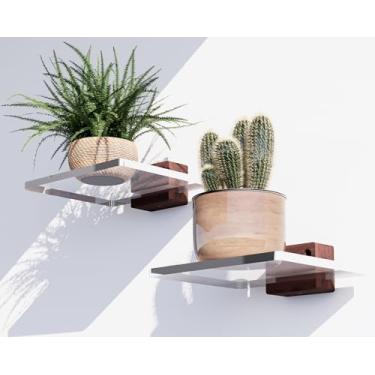 Imagem de QsQueen Prateleiras flutuantes de acrílico com base de madeira maciça, prateleira montada na parede para plantas, perfume, esmalte de unha, decoração de banheiro, quarto e sala de estar