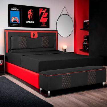 Imagem de Kit Quarto Gamer Baú e Painel Fighter USB 140cm Cama De Casal