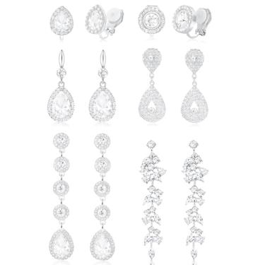 Imagem de Ofeiyaa Brincos de pressão para mulheres, não perfurados, pingente de gota, pingente de gota, brincos de strass, brincos de zircônia cúbica, clipe para festa de casamento, formatura, palco, joias para