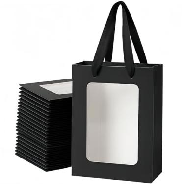 Imagem de VAGREEZ Pacote com 15 sacos de presente de papel kraft com janela transparente e alças reforçadas - Sacos reutilizáveis para Natal, Purim, biscoitos de padaria, lembrancinhas de casamento, pequenas