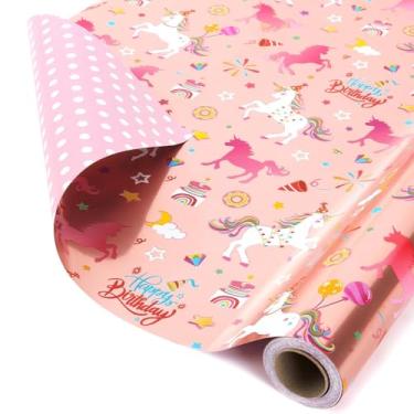 Imagem de WERNNSAI Rolo de papel de embrulho de presente - 1 rolo de papel de embrulho de aniversário infantil de 43 cm x 10 m (unicórnio - rosa brilhante)
