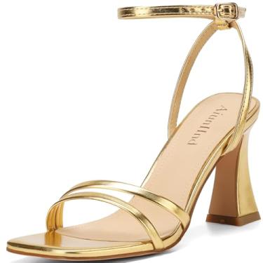 Imagem de AIUNIIND Sandálias femininas de salto alto, quadradas, abertas, com tira no tornozelo, salto social de 7,6 cm, confortável, Dourado, 38
