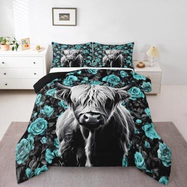 Imagem de Erosebridal Conjunto de edredom solteiro de vaca Highland, azul-petróleo e rosa preta, para crianças, adolescentes, estilo faroeste, decoração de quarto de touro longhorn, 1 fronha