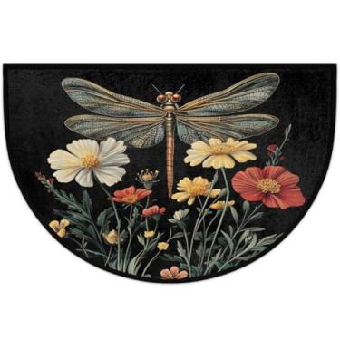 Imagem de Tapete de porta frontal para entrada interna e externa, flor de libélula, floral, meio redondo, absorvente, antiderrapante, capacho de boas-vindas, entrada de pátio, tapetes de baixo perfil para